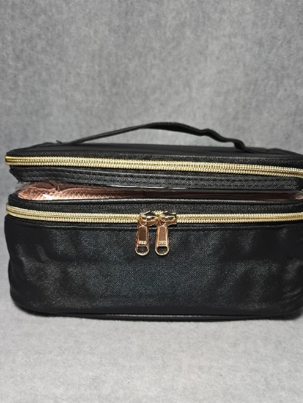 Black and Clear Travel Cosmetic Bag Set with Gold Zippers